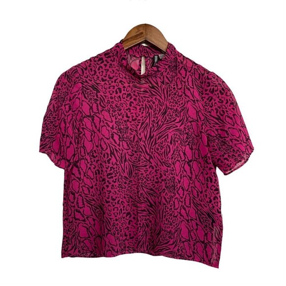 H&M Divided Womens Pink Sheer Mixed Animal Print Zebra Leopard Y2K Blouse Size 4 - Picture 2 of 9